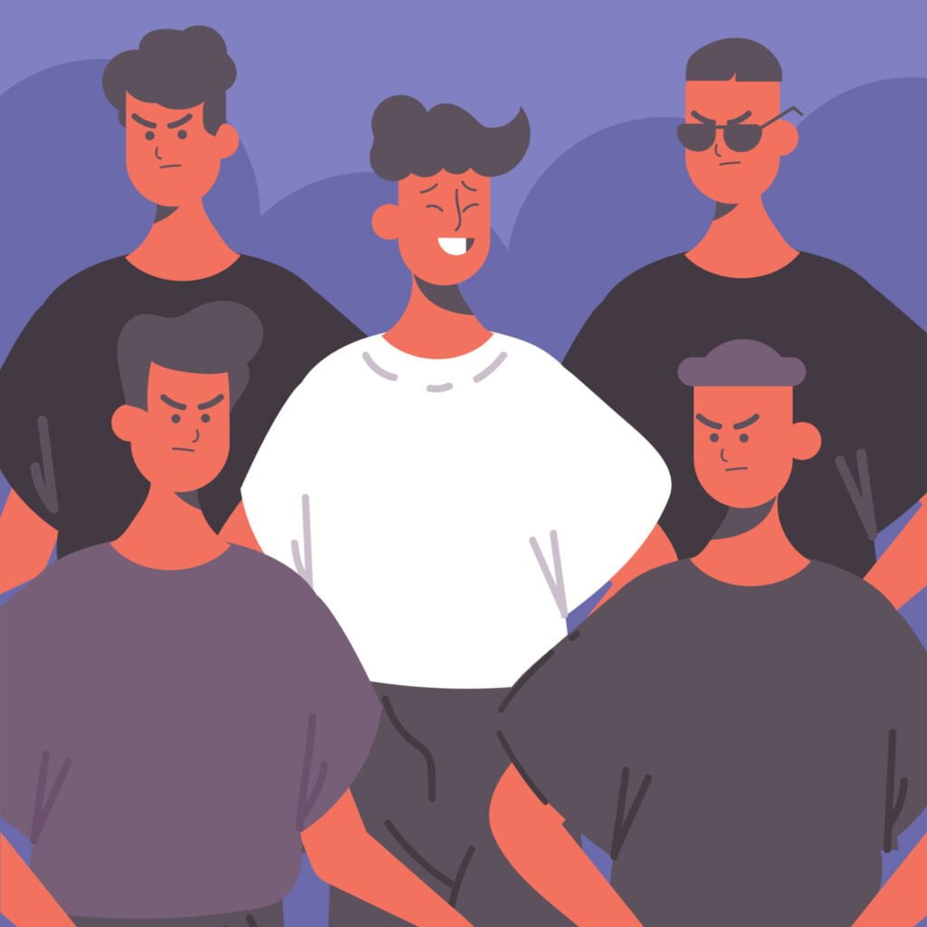 Es una imagen pictográfica donde aparecen cinco hombres serios y el del al medio aparece sonriendo, haciendo referencia a nuevas masculinidades