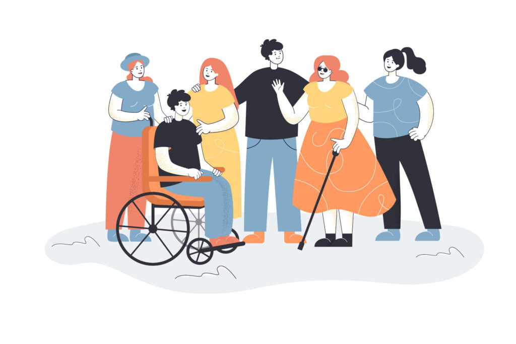 Hombres y mujeres que acogen a personas con discapacidad. Grupo de personas que conocen al personaje femenino ciego y al hombre en silla de ruedas.
